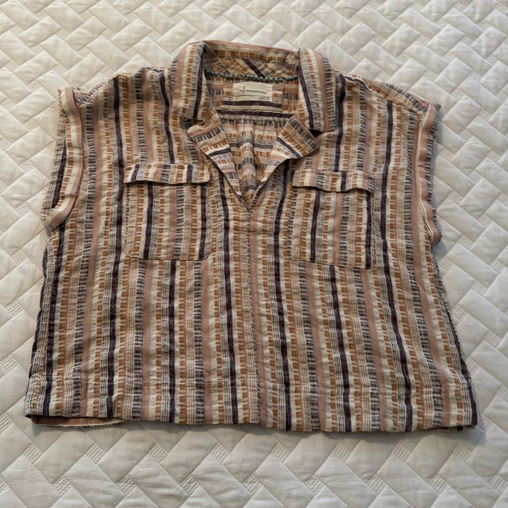 Anthropologie Cropped Utility Pullover Top Striped Tan Purple Pink Size M
